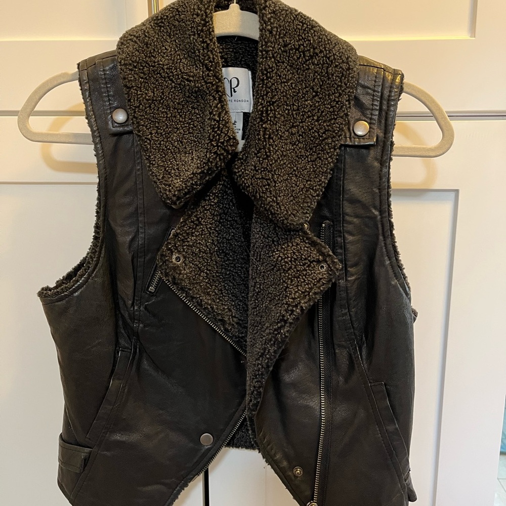 Black Leather Vest with Shearling Collar